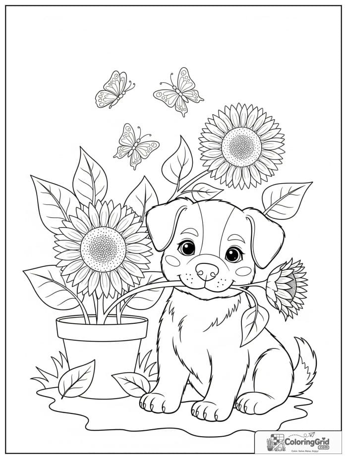 Cute puppy holding sunflower in mouth coloring page