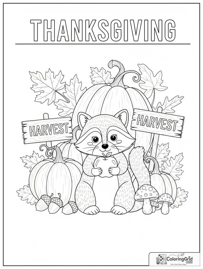 Cute raccoon holding an apple beside pumpkins coloring page