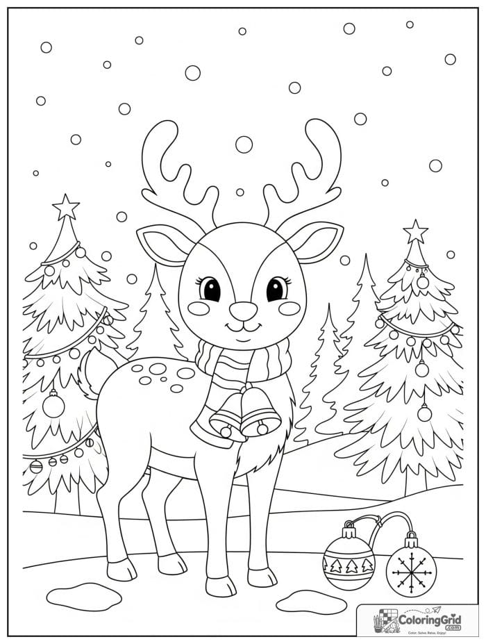 Cute reindeer in snowy forest Christmas coloring page