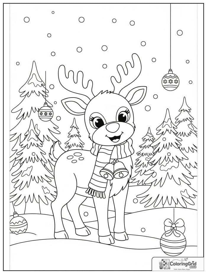 Cute reindeer in snowy forest Christmas coloring page