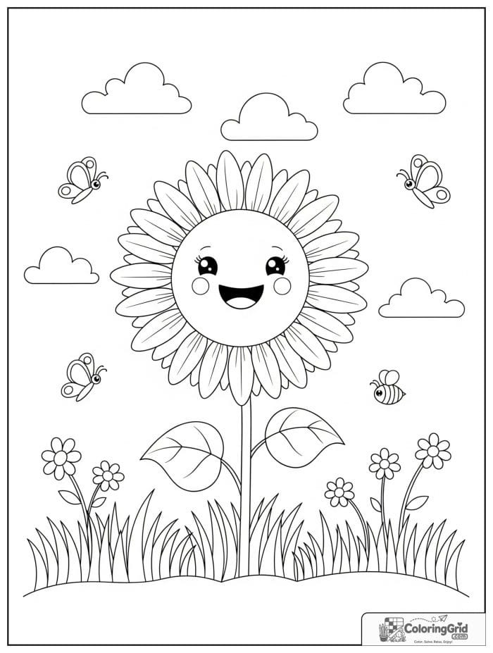 Cute smiling sunflower in garden coloring page