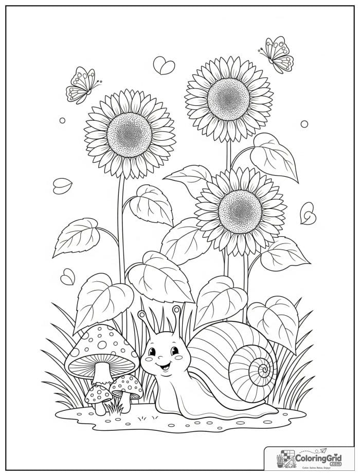 Cute snail crawling beside tall sunflowers coloring page