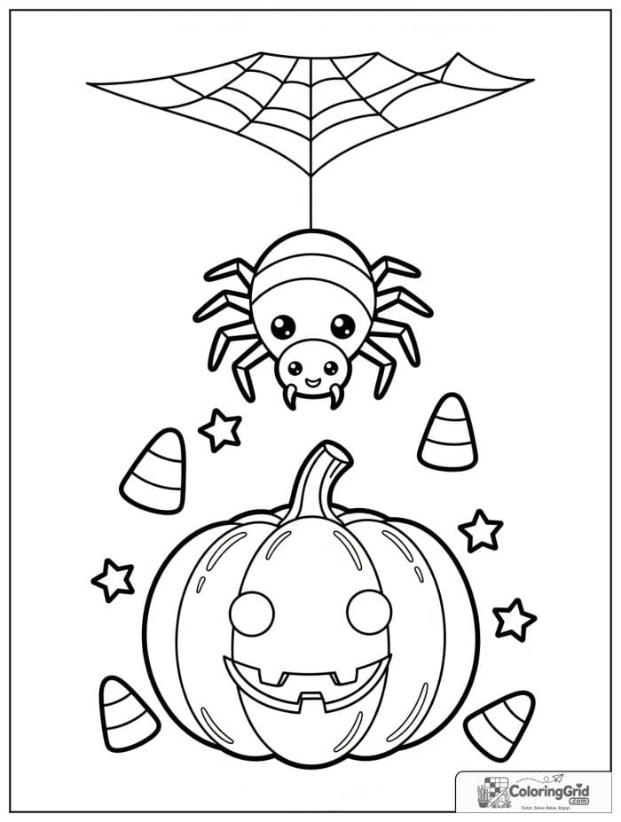 Cute spider hanging above a pumpkin Halloween coloring page