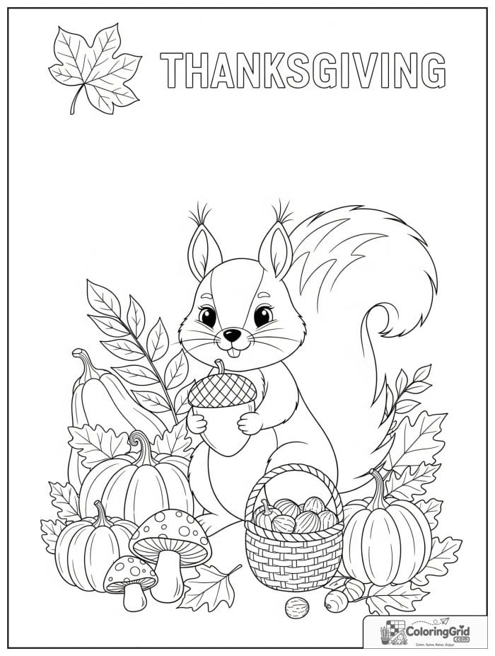 Cute squirrel holding an acorn beside pumpkins coloring page