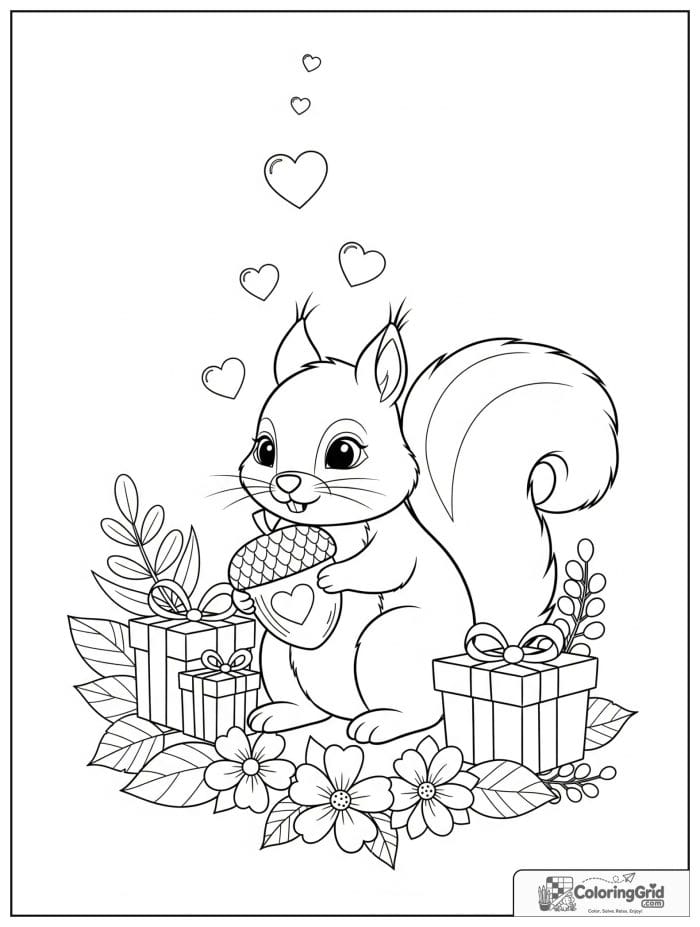 Cute squirrel holding heart-shaped acorn Valentine's Day coloring page