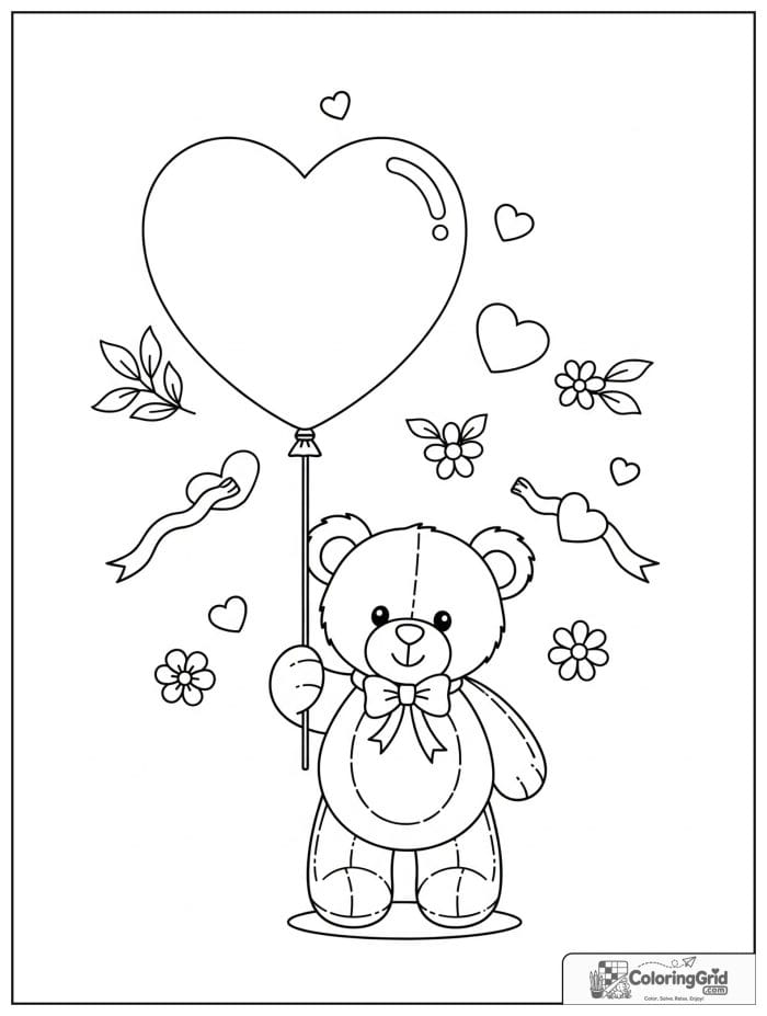 Cute teddy bear holding heart balloon Valentine's Day coloring page