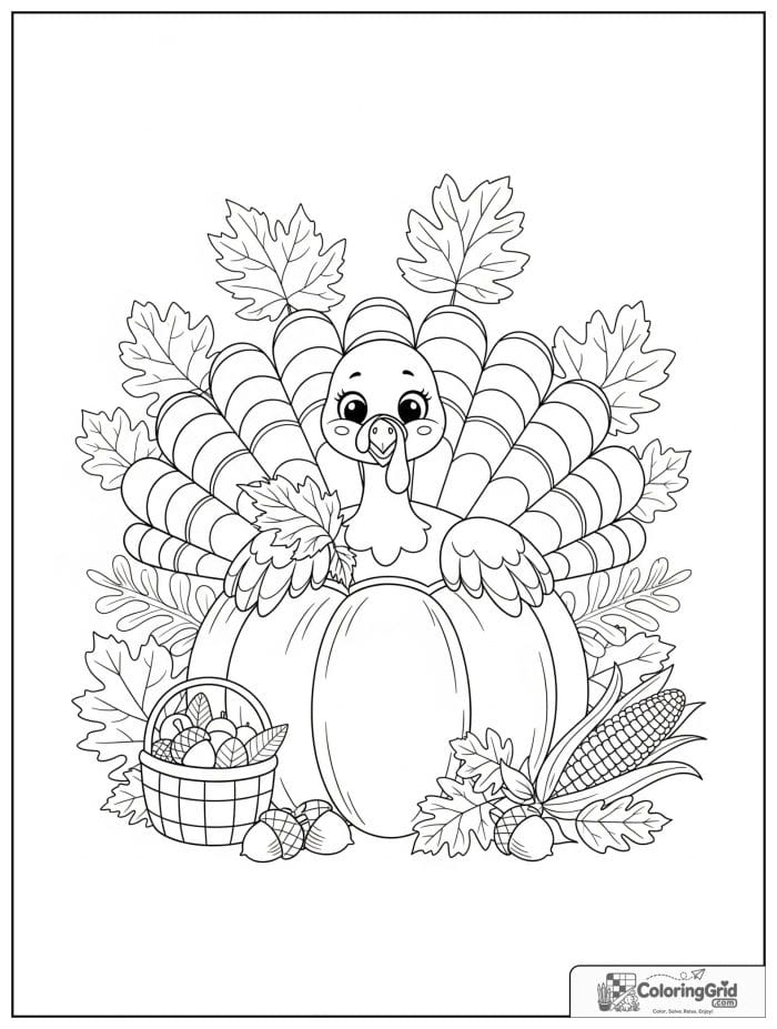 Cute turkey hiding behind a pumpkin coloring page