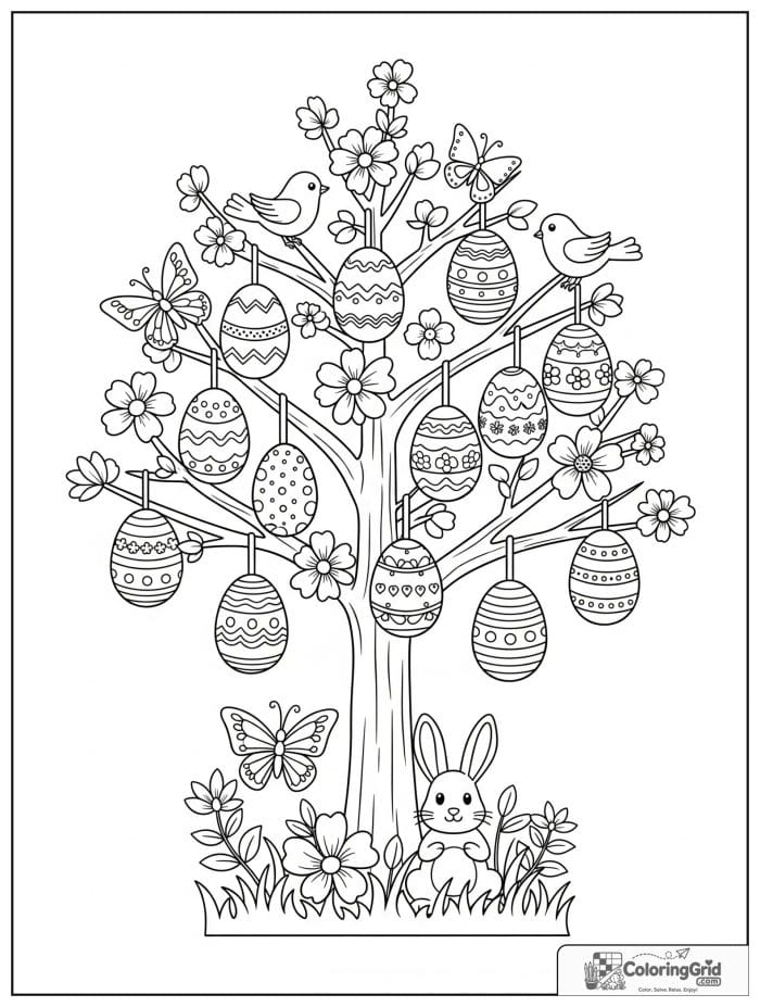 Decorated Easter egg tree with bunny coloring page