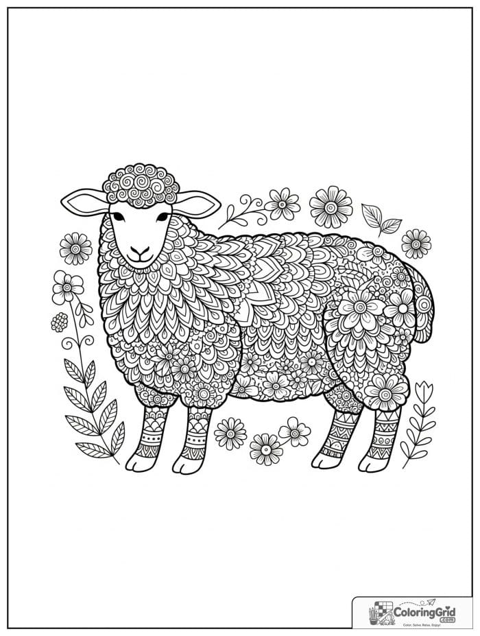 Decorative patterned sheep black and white line art.