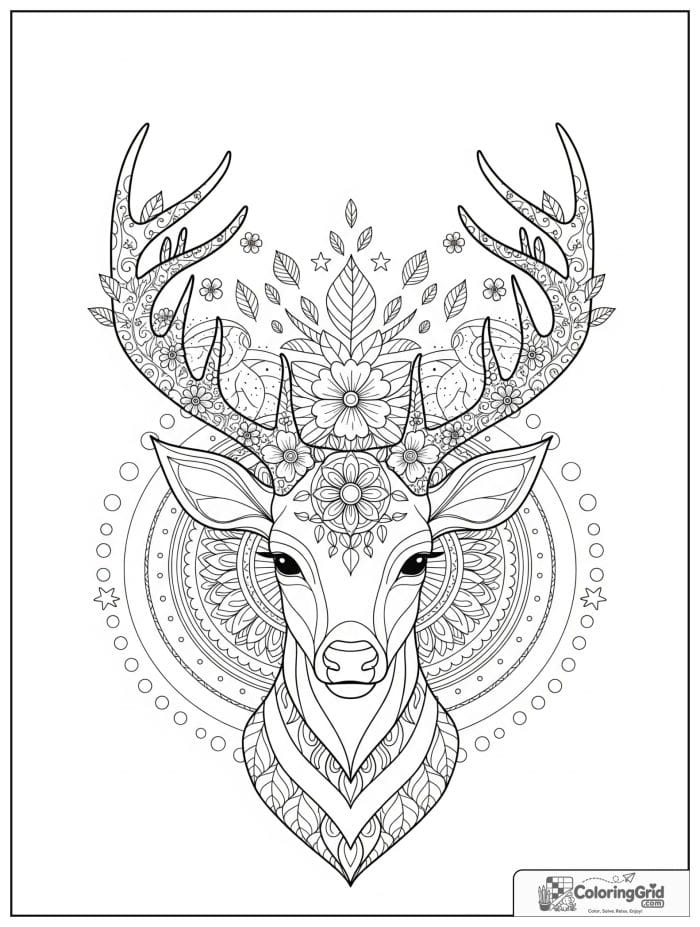 Deer animal mandala coloring page with decorated antlers