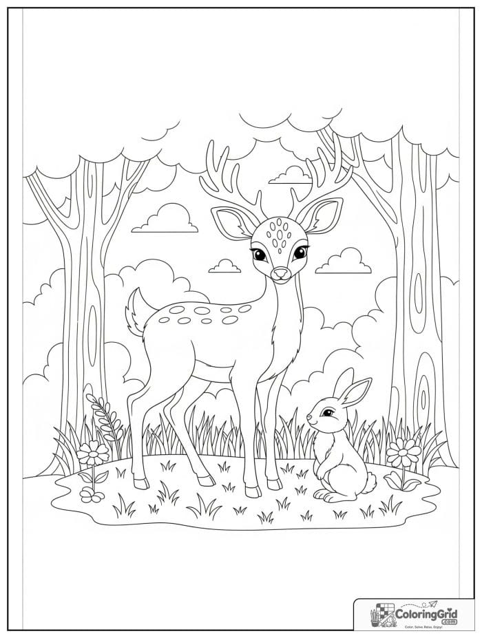 Deer with rabbit friend black and white line art.