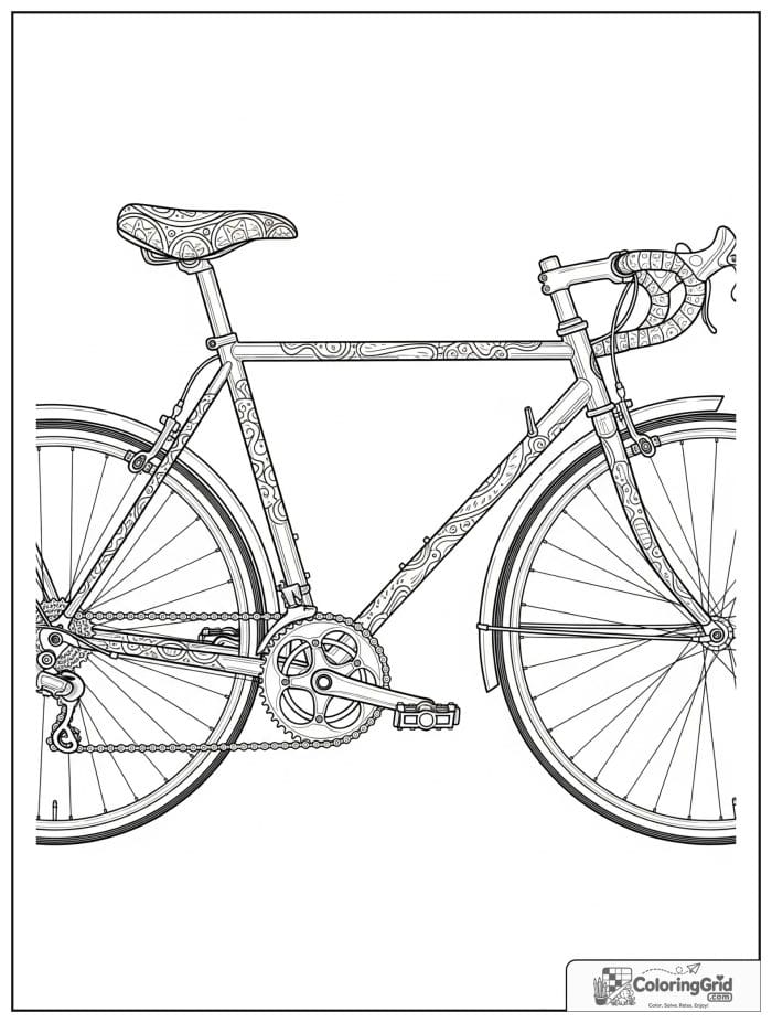 Detailed bicycle with visible gears, chain, and spokes.