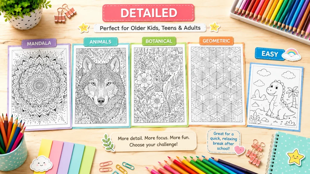 easy vs detailed coloring pages, Detailed coloring pages with mandala, animal, botanical, and geometric designs beside an easy coloring page for a quick break.