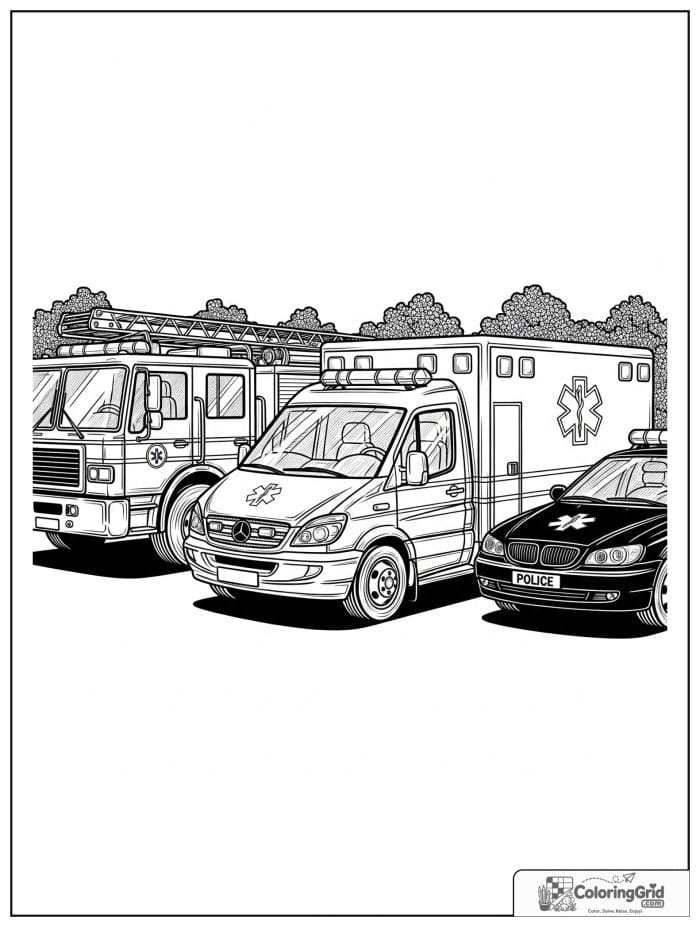 Ambulance with other emergency vehicles nearby