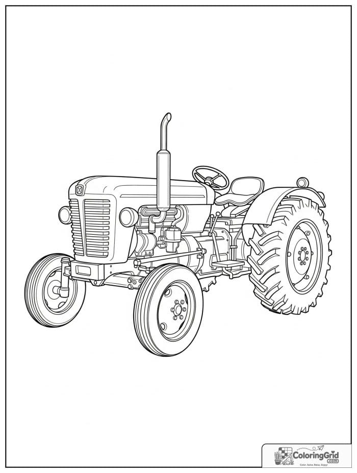 Detailed tractor view with engine and wheel parts in line art.