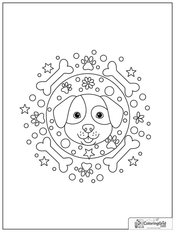 Dog animal mandala coloring page with bones and paw prints