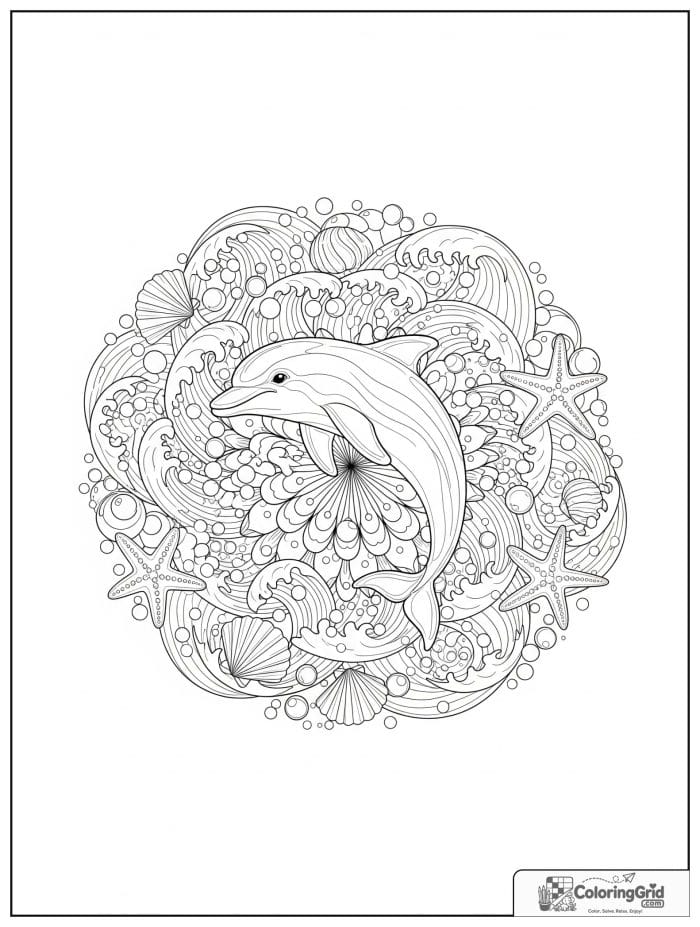 Dolphin animal mandala coloring page with waves and seashells