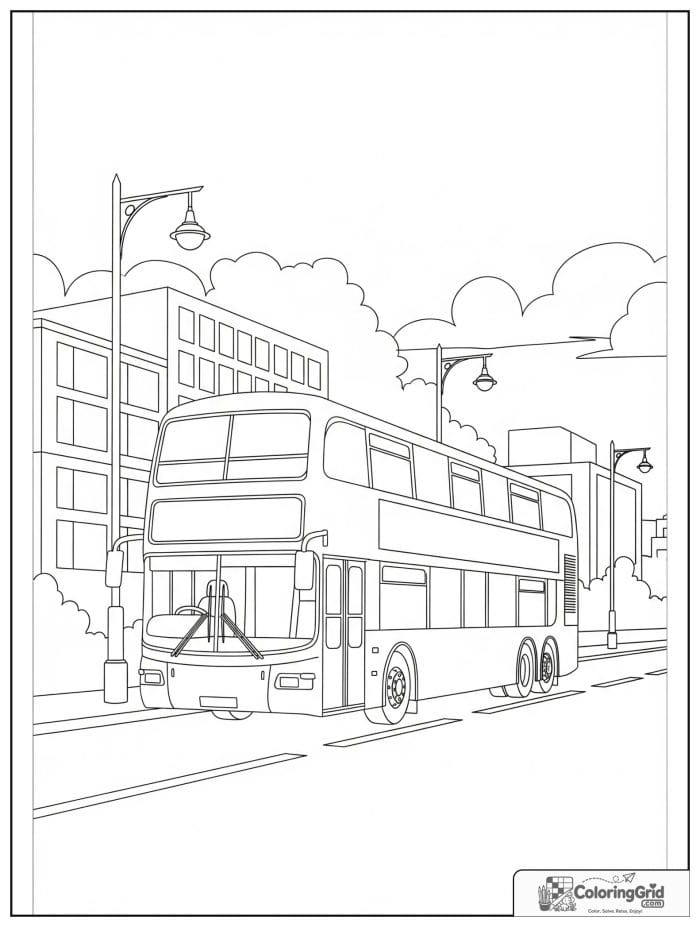 Double decker bus on a city street for Bus Coloring Pages