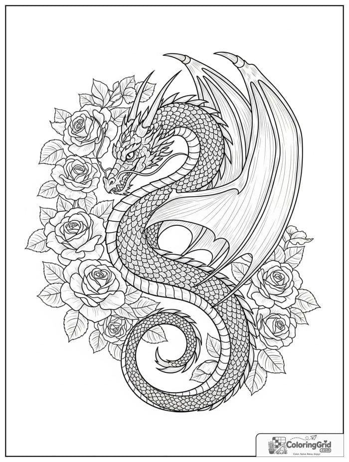Dragon with rose frame coloring sheet