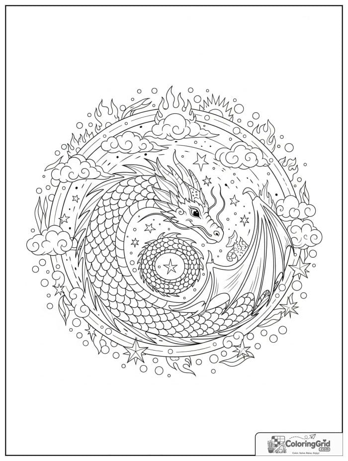 Dragon animal mandala coloring page with scales and fantasy patterns