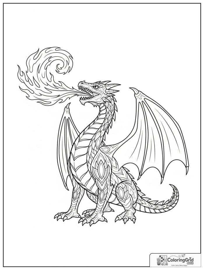 Dragon breathing flames coloring sheet