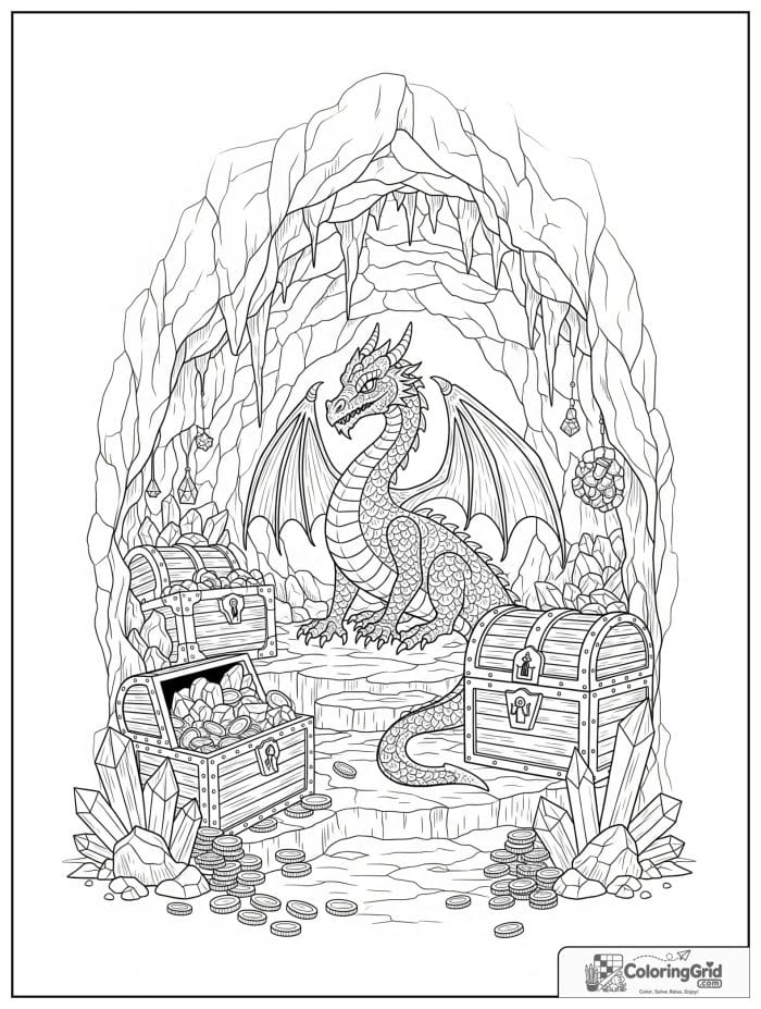 Dragon in cave with treasure coloring sheet