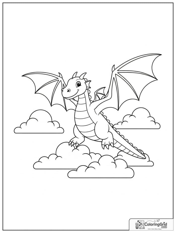 Flying dragon above clouds coloring sheet