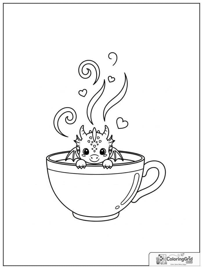 Tiny dragon in teacup coloring sheet