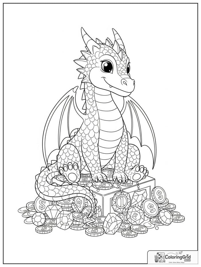 Dragon sitting on treasure coloring sheet