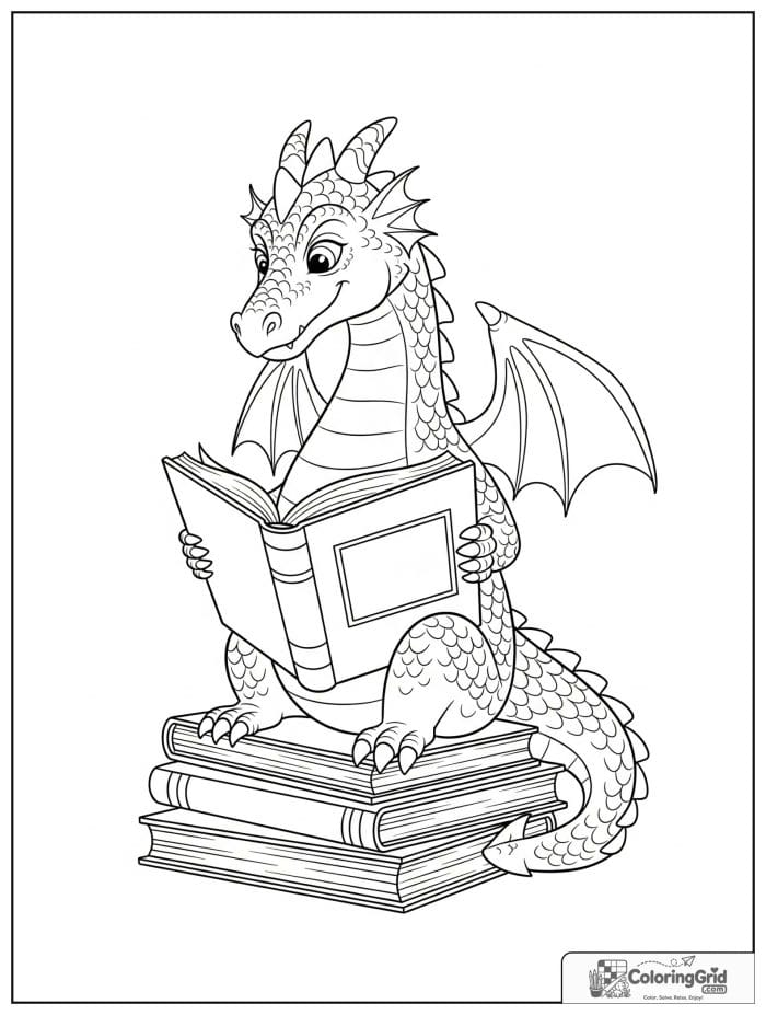 Dragon reading a book coloring sheet