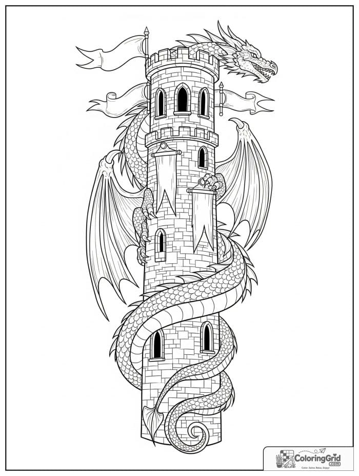 Dragon wrapped around tower coloring sheet