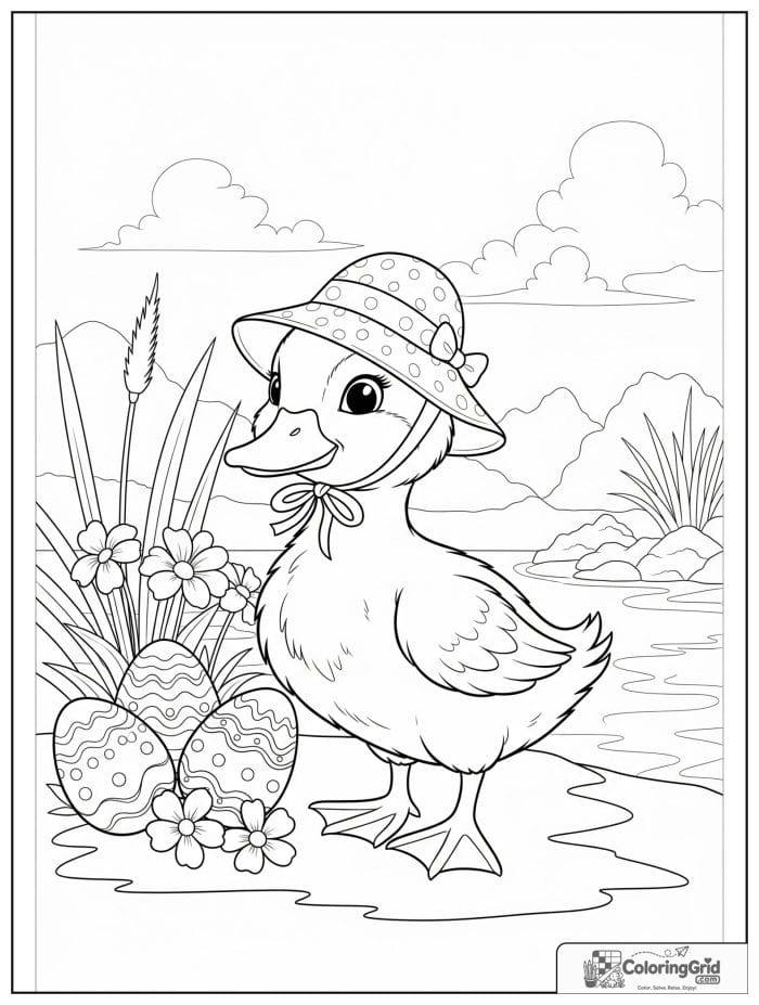 Cute duckling wearing Easter bonnet coloring page