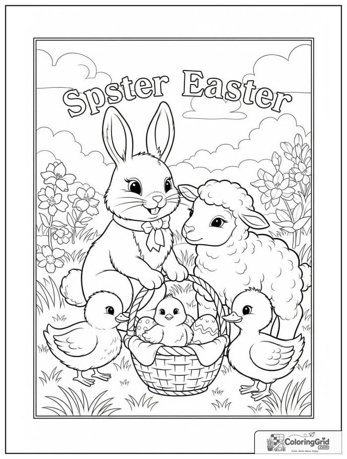 Easter animals gathered around basket coloring page