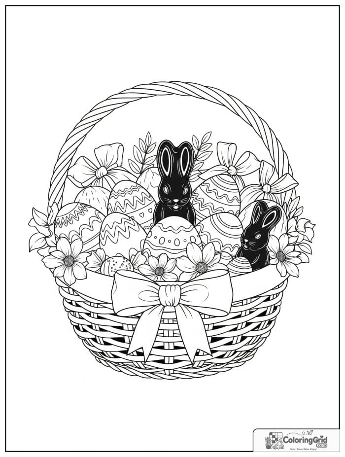 Easter basket filled with eggs flowers and candy coloring page