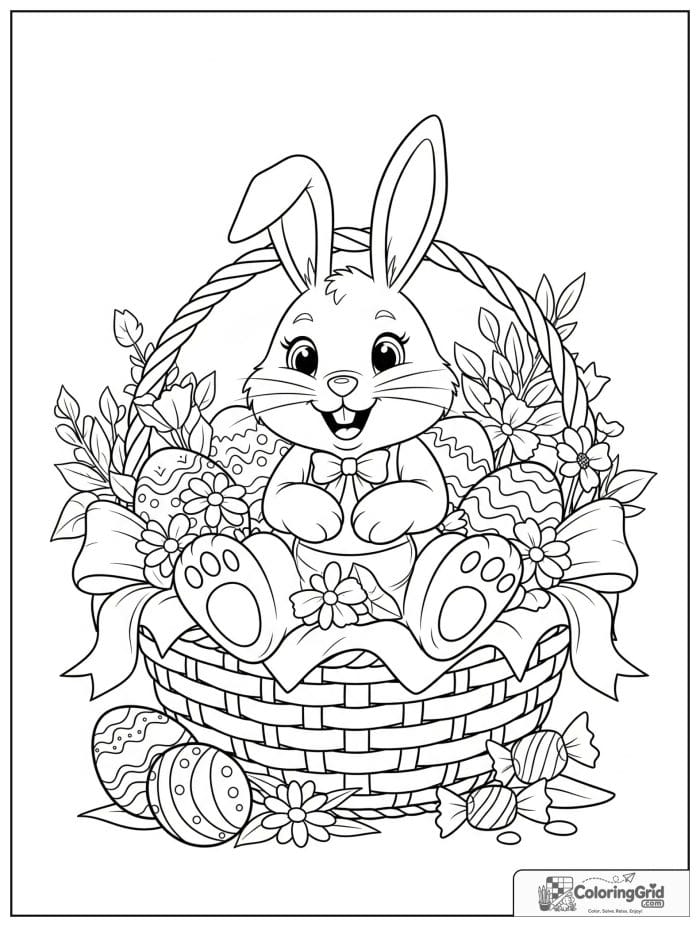 Happy Easter bunny sitting in a basket coloring page