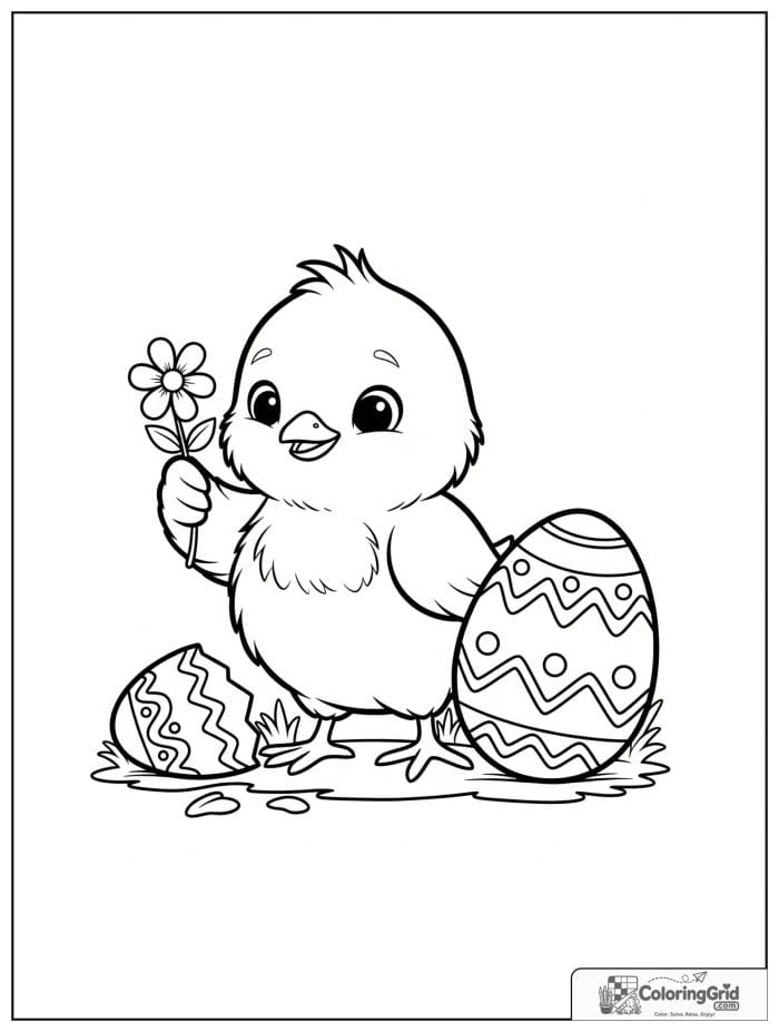 Cute Easter chick beside cracked decorated egg coloring page