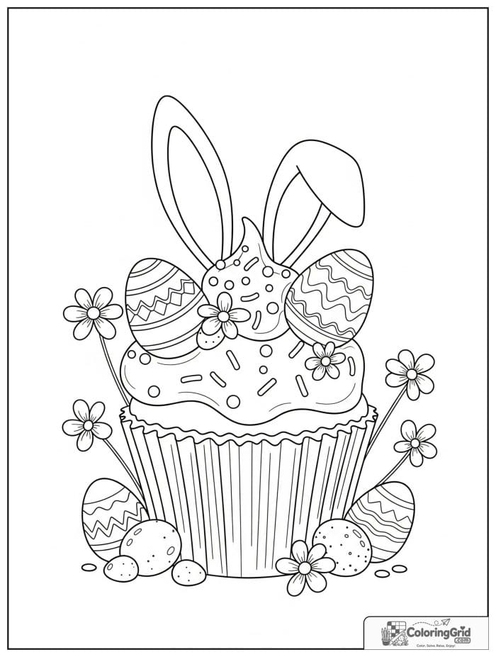 Easter cupcake with bunny ears coloring page