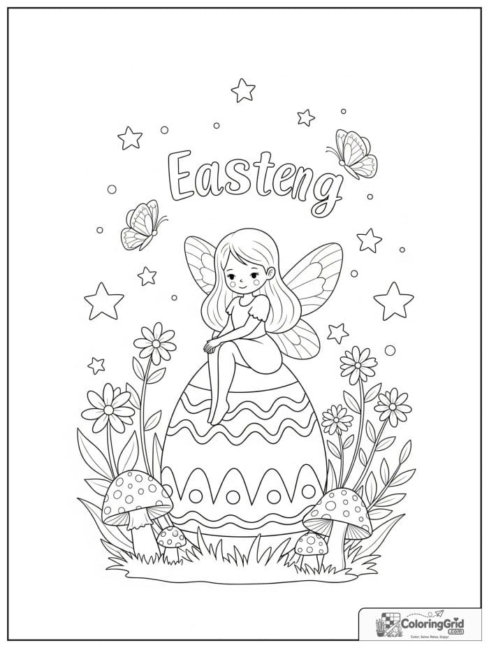 Cute Easter fairy sitting on decorated egg coloring page
