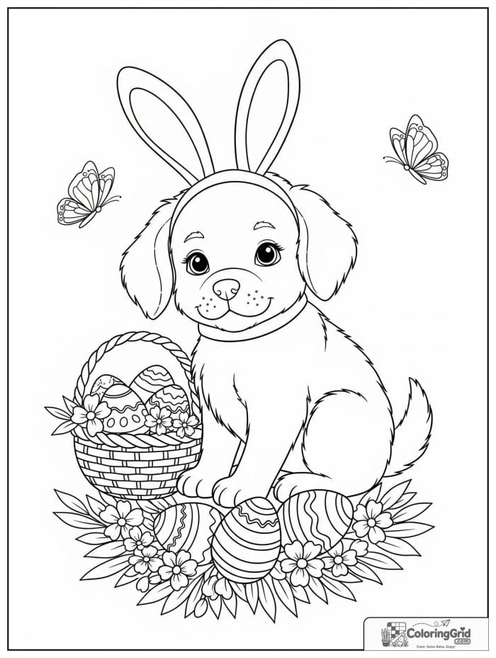 Cute Easter puppy wearing bunny ears coloring page