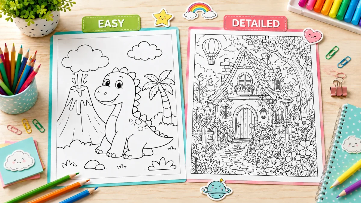 easy vs detailed coloring pages Side-by-side easy and detailed coloring pages on a bright desk with colored pencils and kid-friendly stationery.