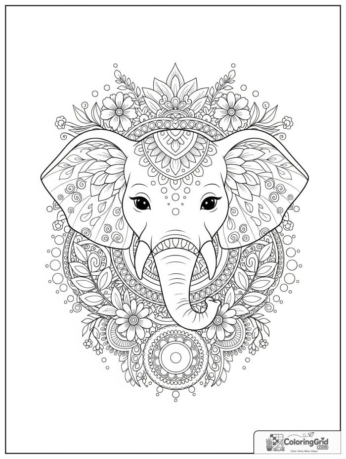 Elephant animal mandala coloring page with decorated ears
