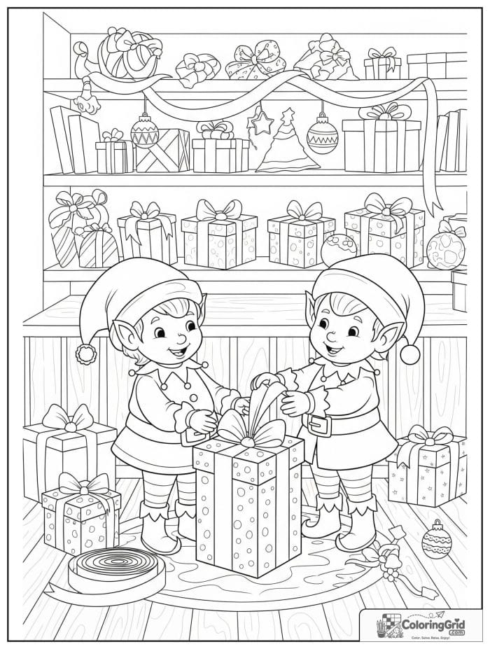 Elves wrapping Christmas presents in Santa workshop coloring page