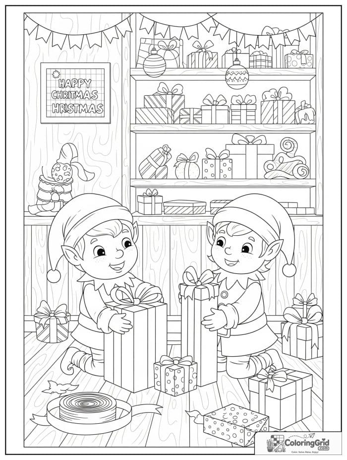 Elves wrapping Christmas presents in Santa workshop coloring page