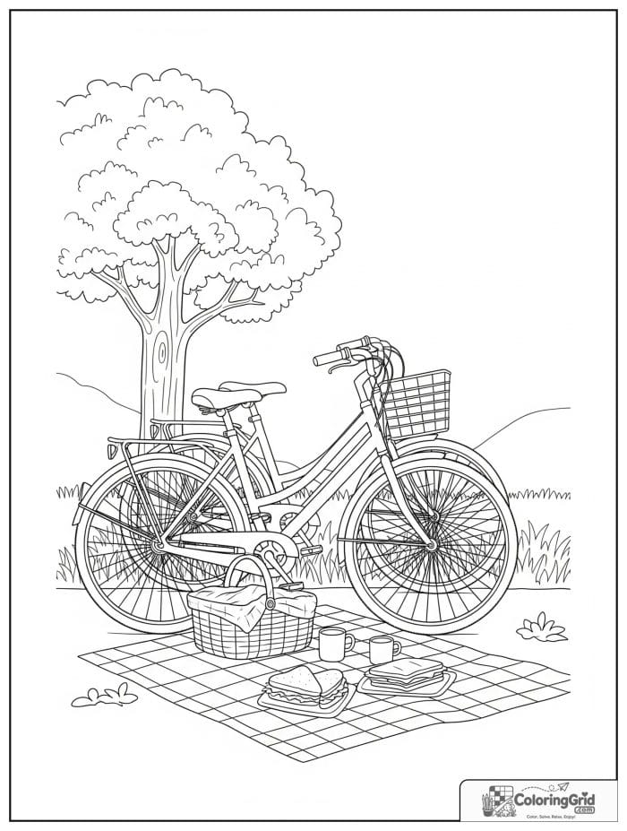 Two bicycles parked near a picnic blanket and basket.