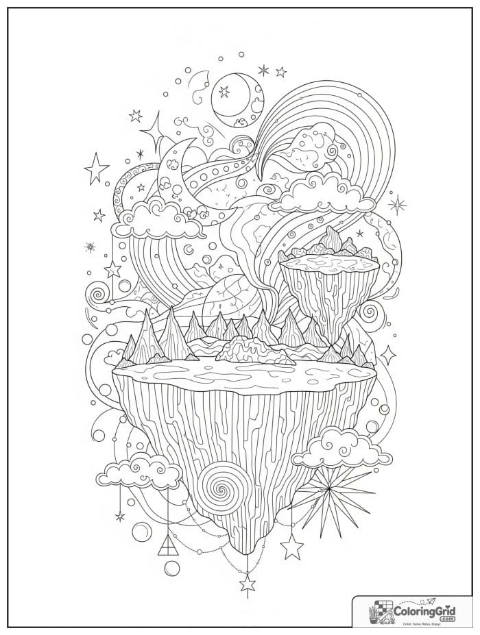 Fantasy abstract coloring page with floating islands and stars