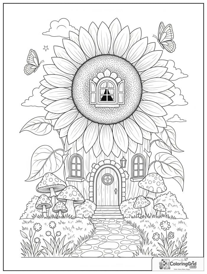 Fantasy sunflower house shaped like giant sunflower bloom coloring page