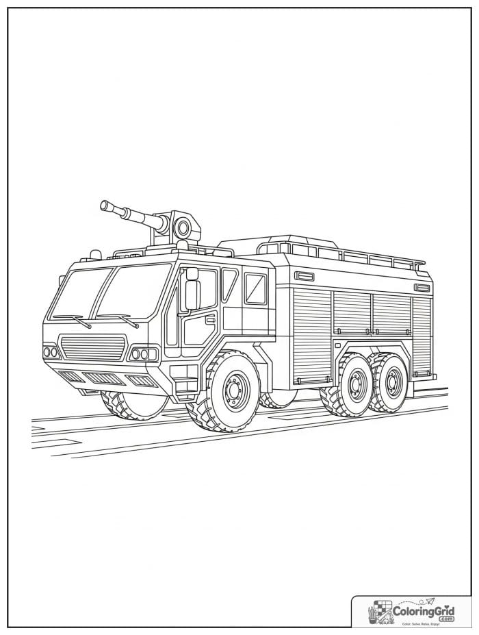 Airport fire truck in black and white line art.