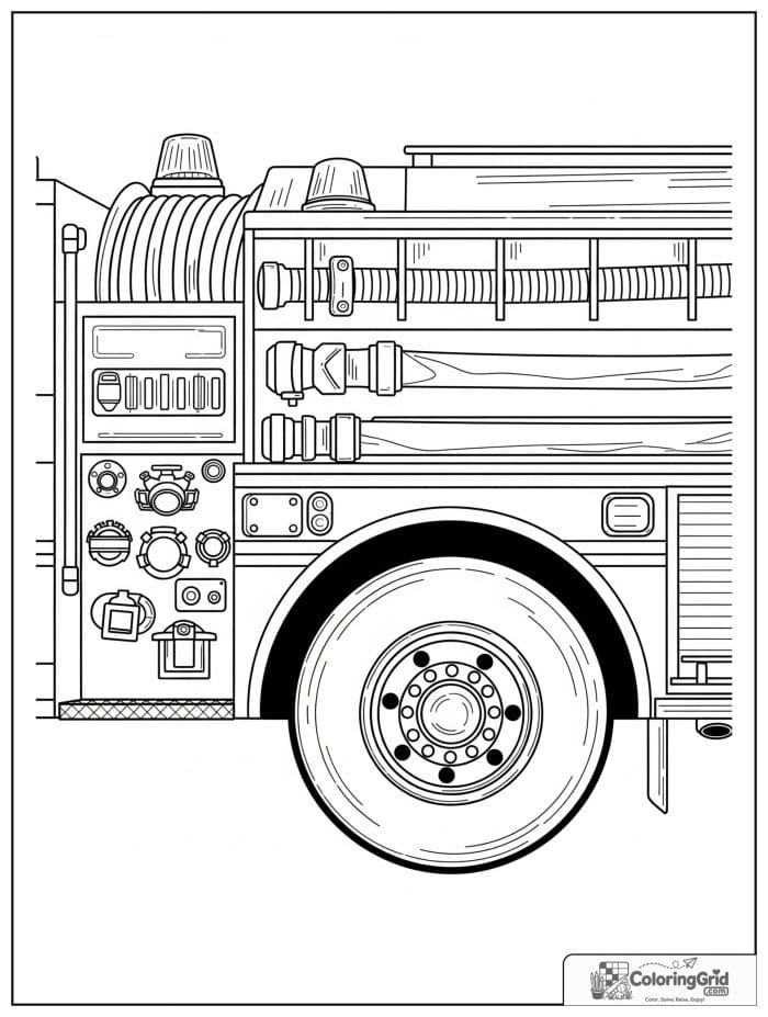 Close-up fire truck details in black and white line art.