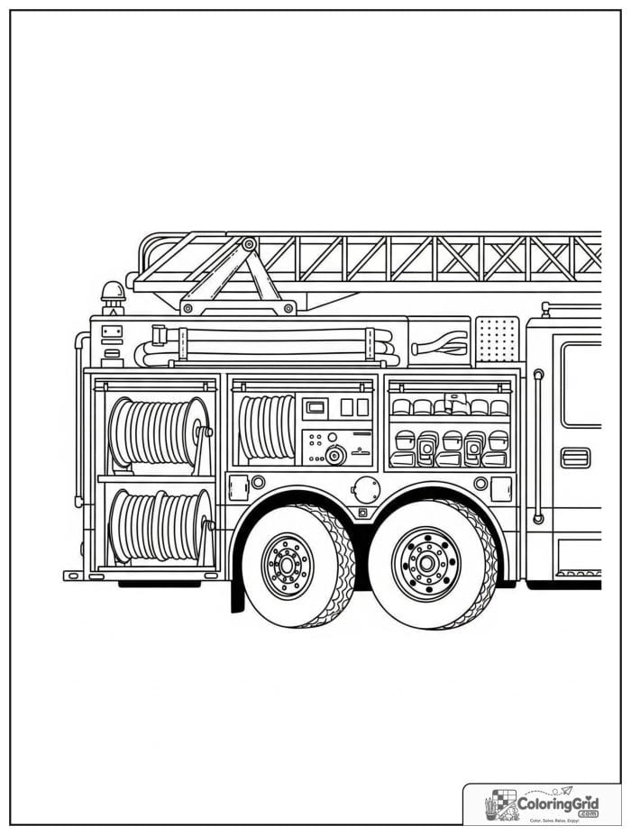 Detailed fire truck with side compartments in black and white.