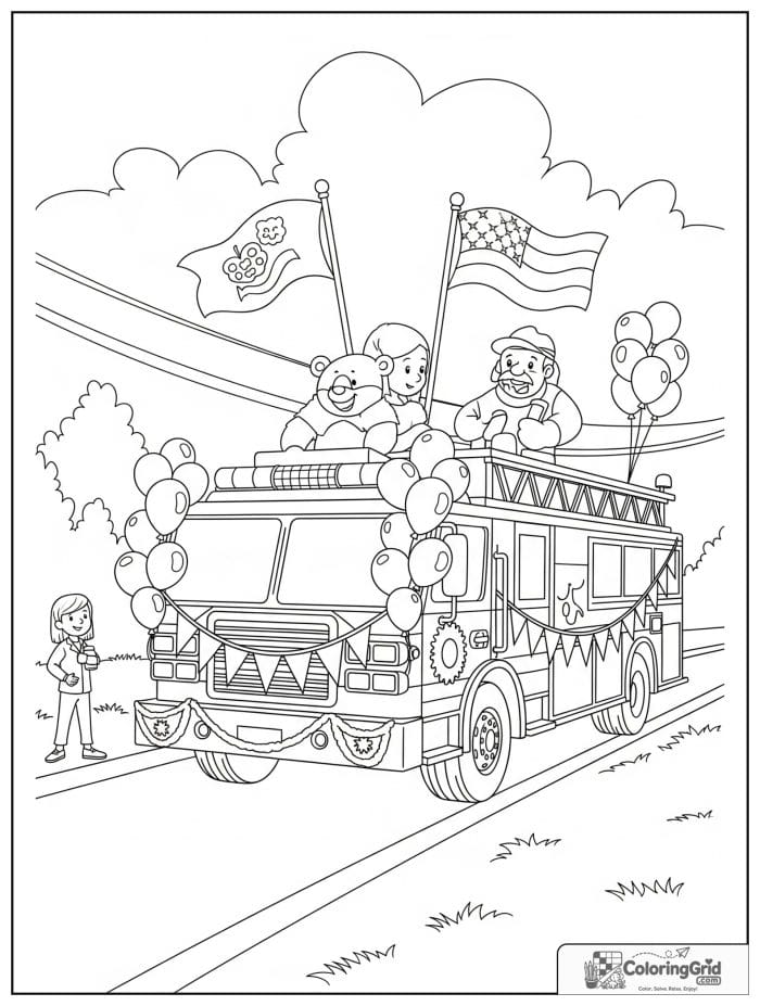 Fire truck in a parade in black and white artwork.